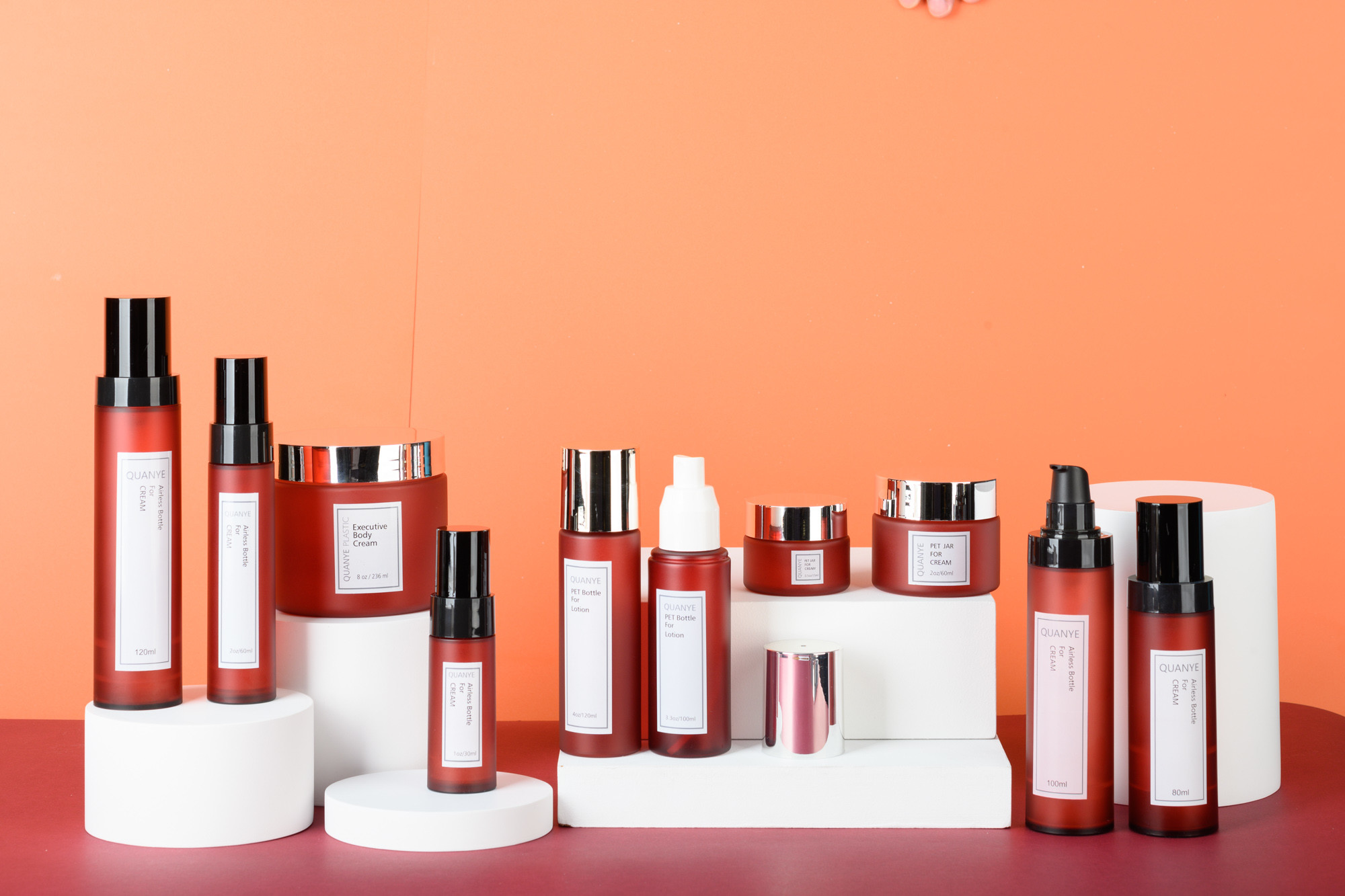 Empty Cosmetic Packaging Set Red Color Frosted Printing Face Cream Serum Bottle