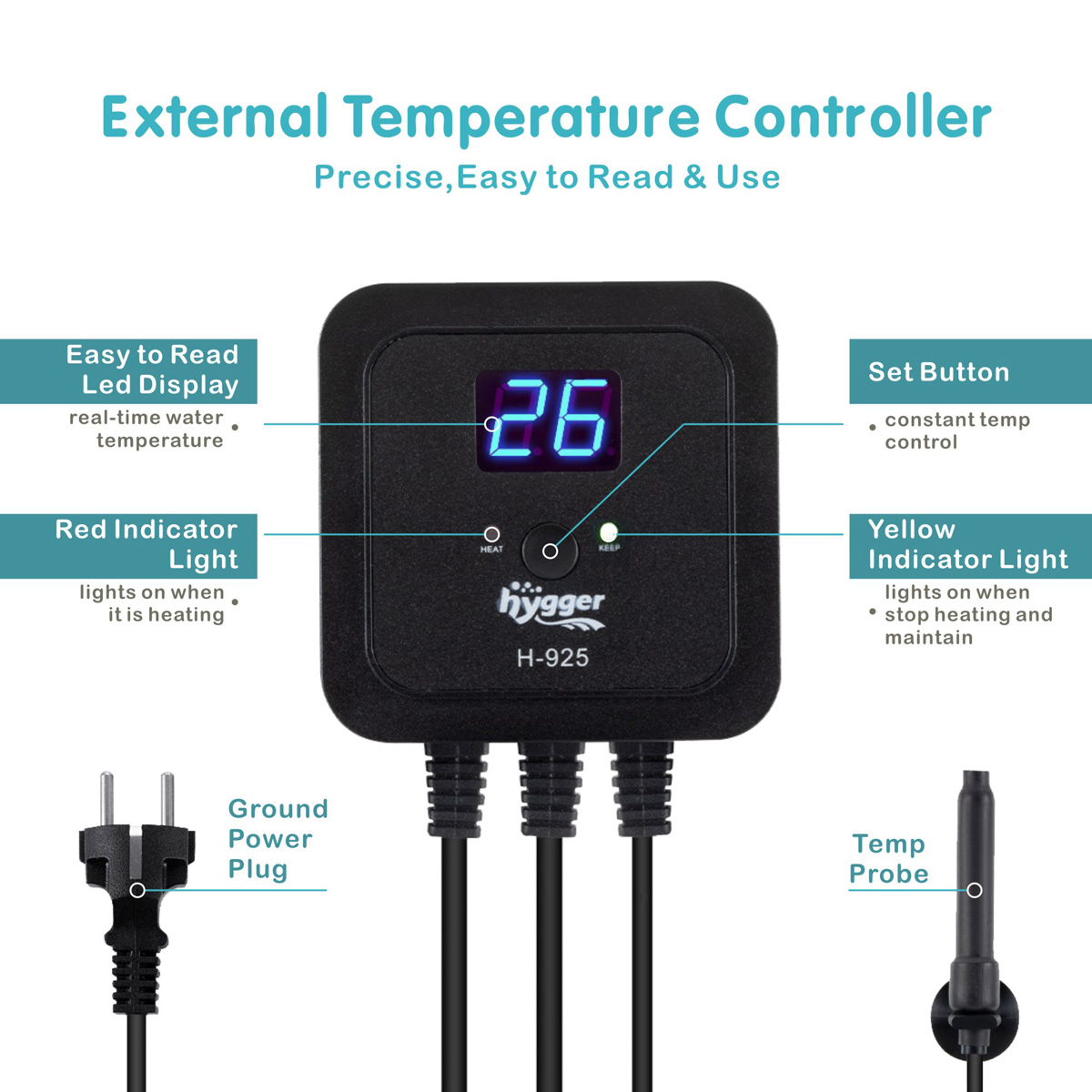 Hygger 500W 300W Aquarium Heater Submersible Fish Tank Heaters with LED Temperature Display and External Temperature Con