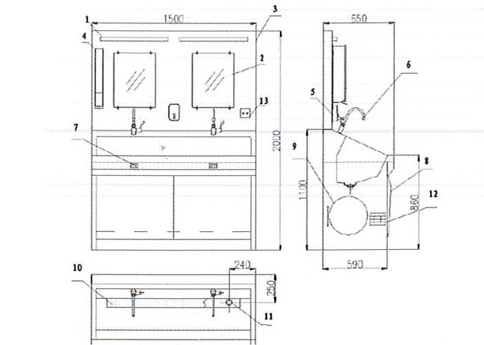 Automatic Soap Dispenser Medical Grade Stainless Steel Sinks Floor Type Mirror Light