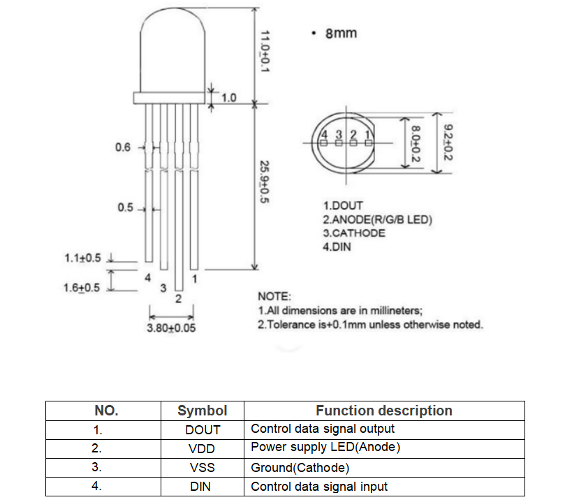 5V 8mm RGB Addressable LED Diode Full Color Diffused Lens 3-In-1 WS2812B Round Head Point Control LED Diode