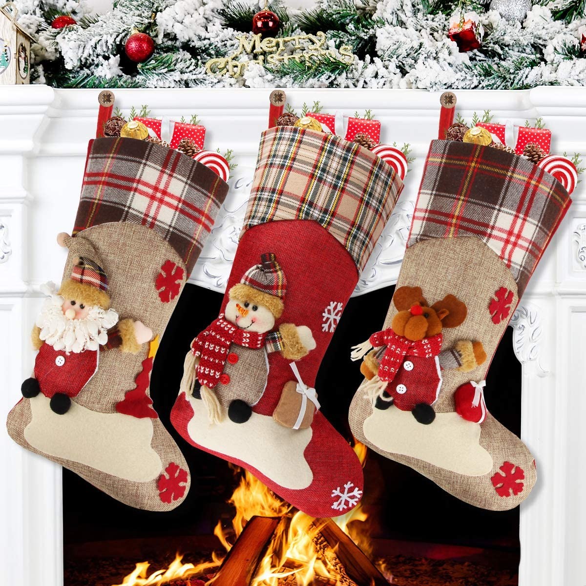 Christmas Stocking, 18" Set of 3 Santa, Snowman, Reindeer, Xmas Character 3D Plush with Faux Fur Cuff Christmas Decorati