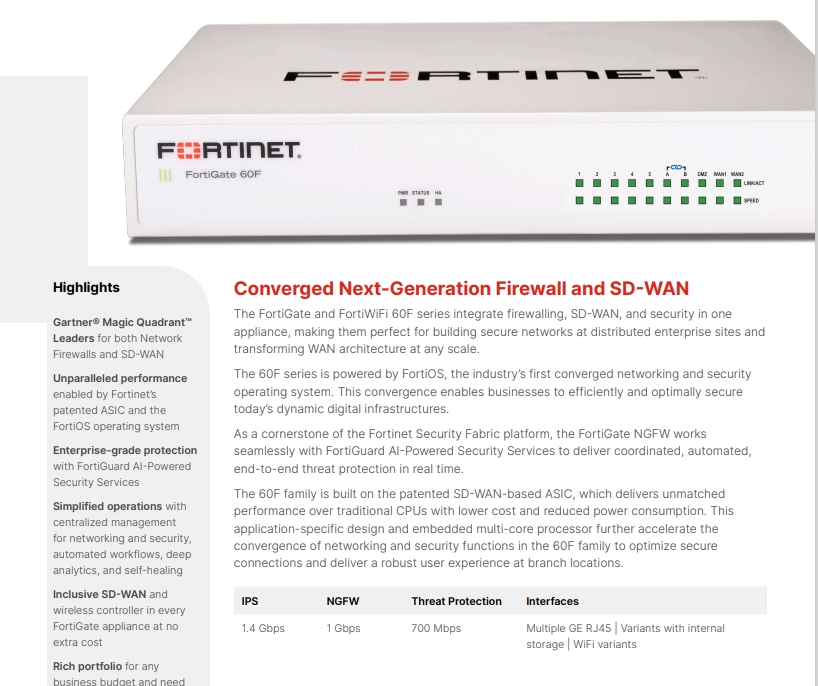 Brand New High Quality 60F FG-60F 10 X GE RJ45 Ports Network Firewall