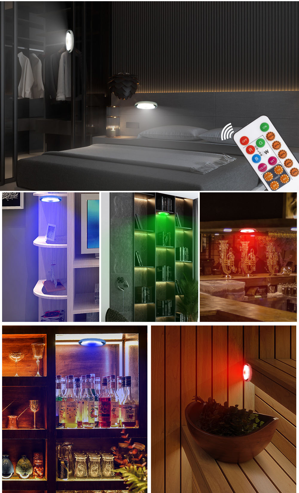 55LM Wireless Color Changing Puck Lights / 0.8w Remote Control Closet Light