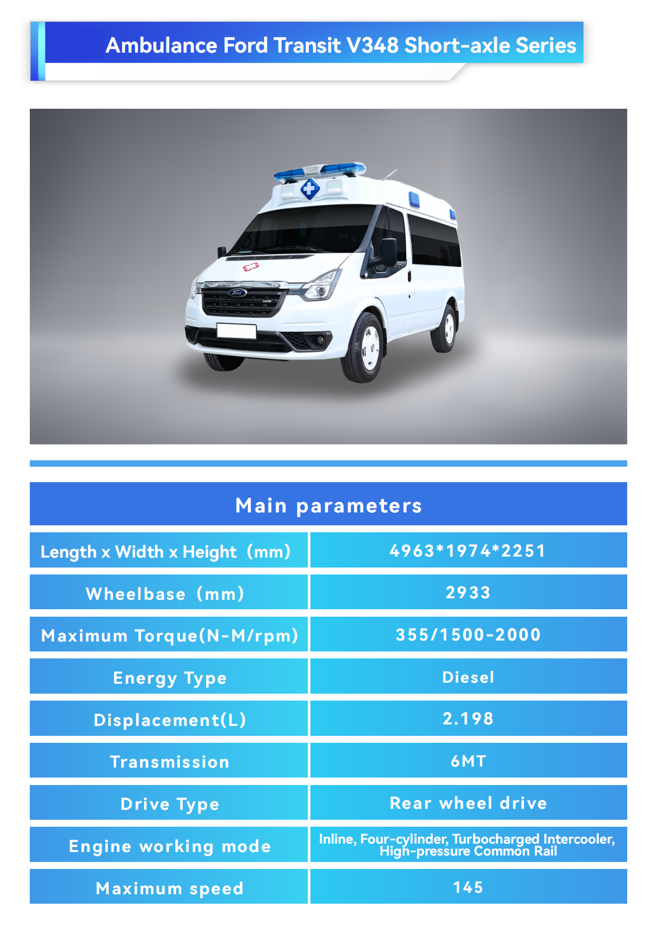 Ford Medical Direct Supply Ambulance Type 2 4x4 Van Rescue Vehicle for Patient Transport Diesel Fuel Rear Track 1704mm