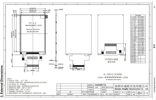 NT35510 480x800 Dot Matrix LCD Display 30 Pin IPS Transmission