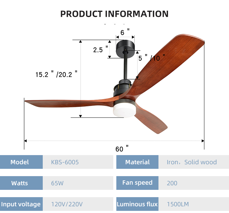 Fashion Adjustable 65W 60 Inch 3 Blade Ceiling Fan Light 1500lm