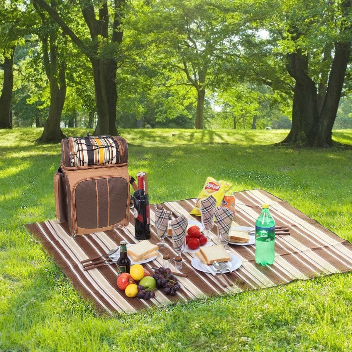 Hap Tim Picnic Backpack Cooler for 4 Person with Insulated Leakproof Cooler Bag, Wine Holder, Fleece Blanket,