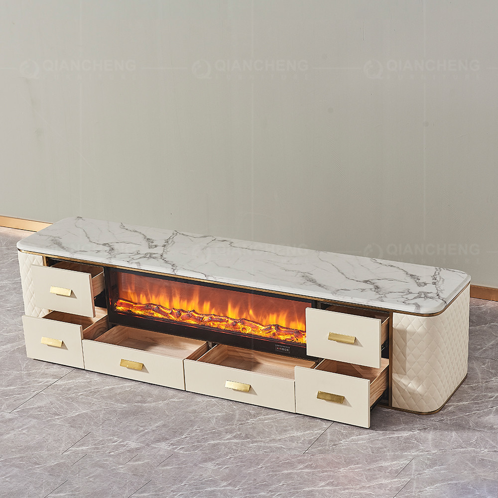 White Beige MDF Stainless Steel TV Stand 78 Inch Faux Stone Media Unit 4 Doors Open Compartment Curved Corners