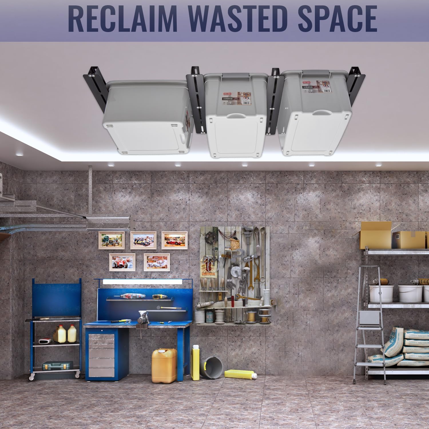 Adjustable Width Overheard Tote Storage Rail System for Garage Ceiling Bin Storage Rack