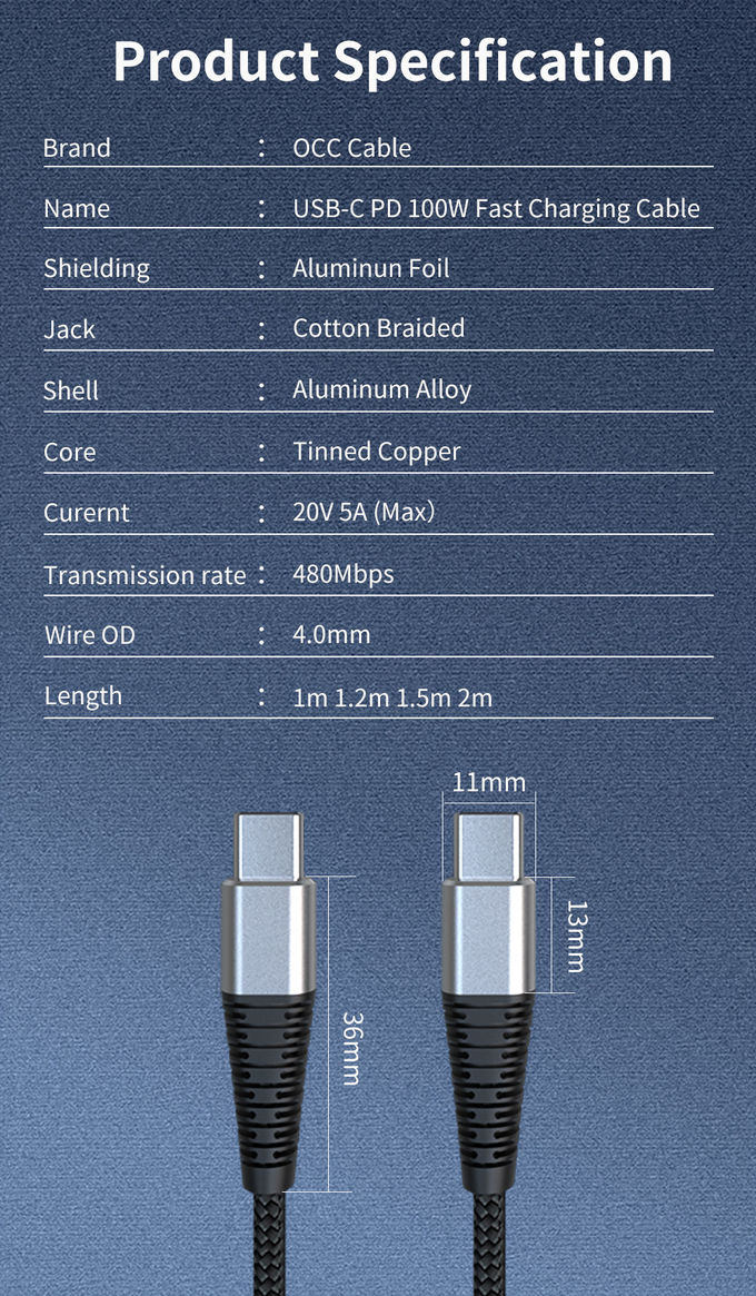 PD 100 Watt Usb C Cable , 6FT Black Type C Fast Charging Cable