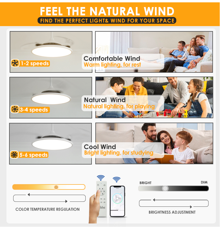 Space Saving Invisible LED Ceiling Fan Light with Retractable Blades in Mordern Style