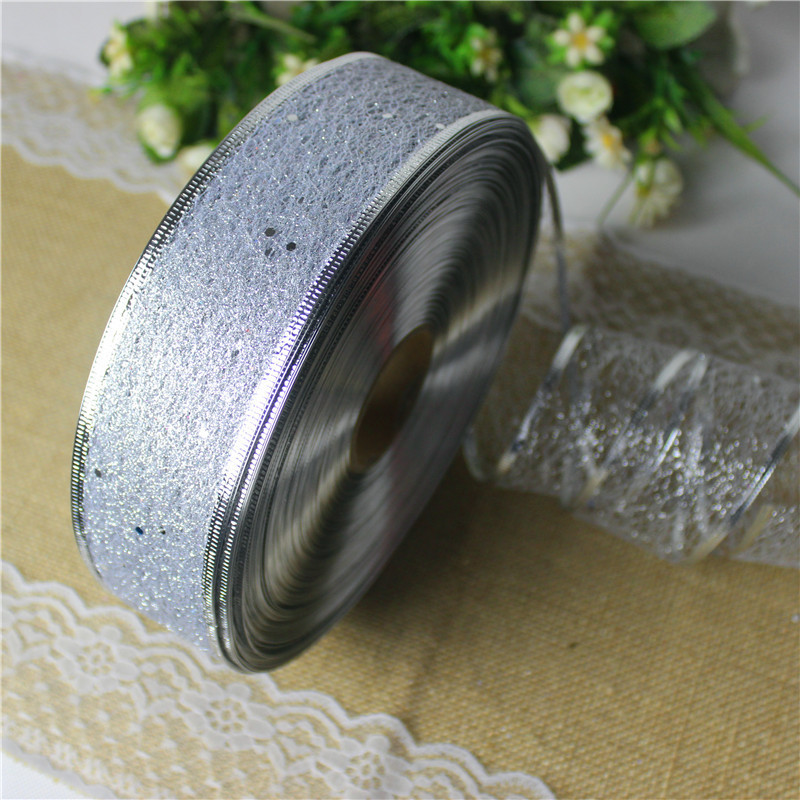Glitter Wired Edge Ribbon For Christmas Holiday Decoration Metallic Organza Mesh Ribbon