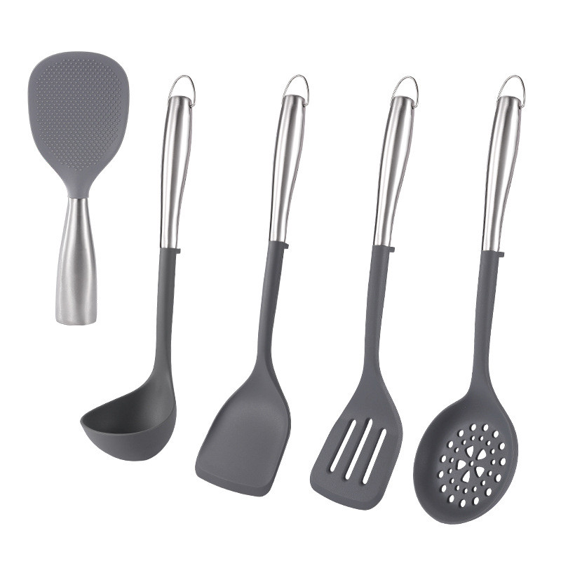 5Pcs Non-stick Kitchen Utensil Silicone Cooking Utensil Set Silicone Cookware Kitchen Tools Gift with Stainless Handle
