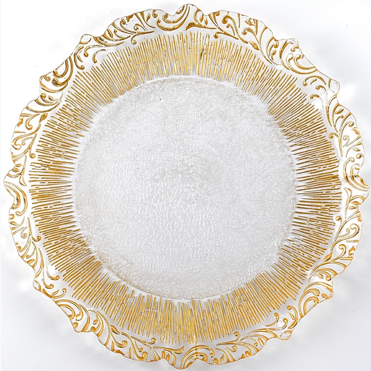Gold Beaded Clear Acrylic Charger Plates Round Plate Gold Rim 33CM