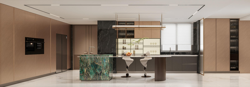 Sophisticated Residential Stainless Steel Kitchen Cabinets With Deep Gray And Brown Accents