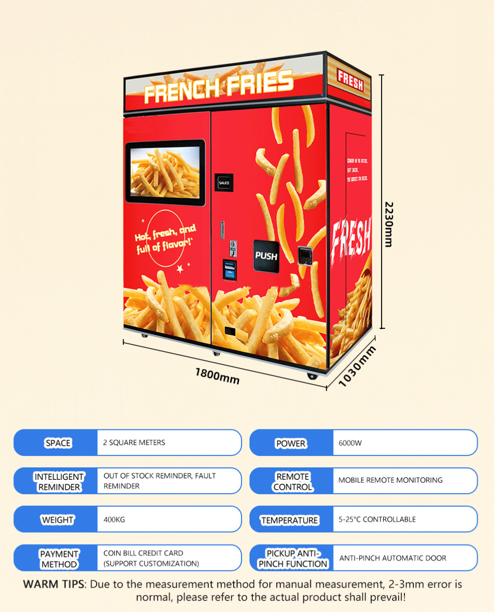 Automatic French Fries Portable Fried Snack Self Service Vending Machine