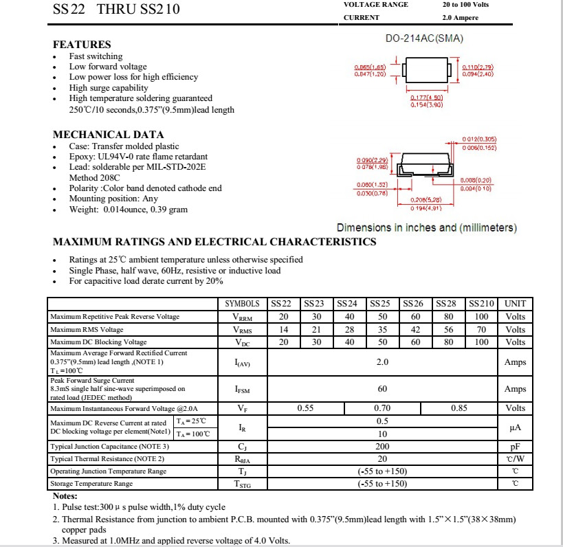 2A Schottky Barrier Rectifier Ss22 Thru Ss220 SMA/Do-214AC Package