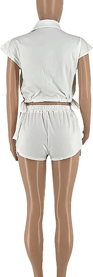 Women&prime;s Sexy Summer Two Piece Outfits Button Down Crop Top Short Sleeve Tracksuit Sets with Pockets Plus Size Suit for Women