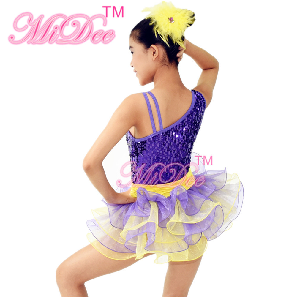 2 In 1 Dance Competition Costumes Diagonal Neckline Bodice Purple Knee Length Skirt