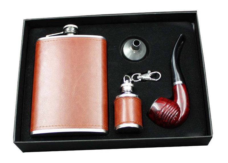Portable Kitchen Household Items 9 Oz Leather Hip Flask Business Gift Pipe Set