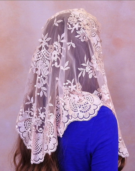 Red Ivory veil lace mantilla Catholic church chapel headcovering Mass