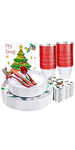 176Pcs Christmas Plastic Plates Heavy Duty