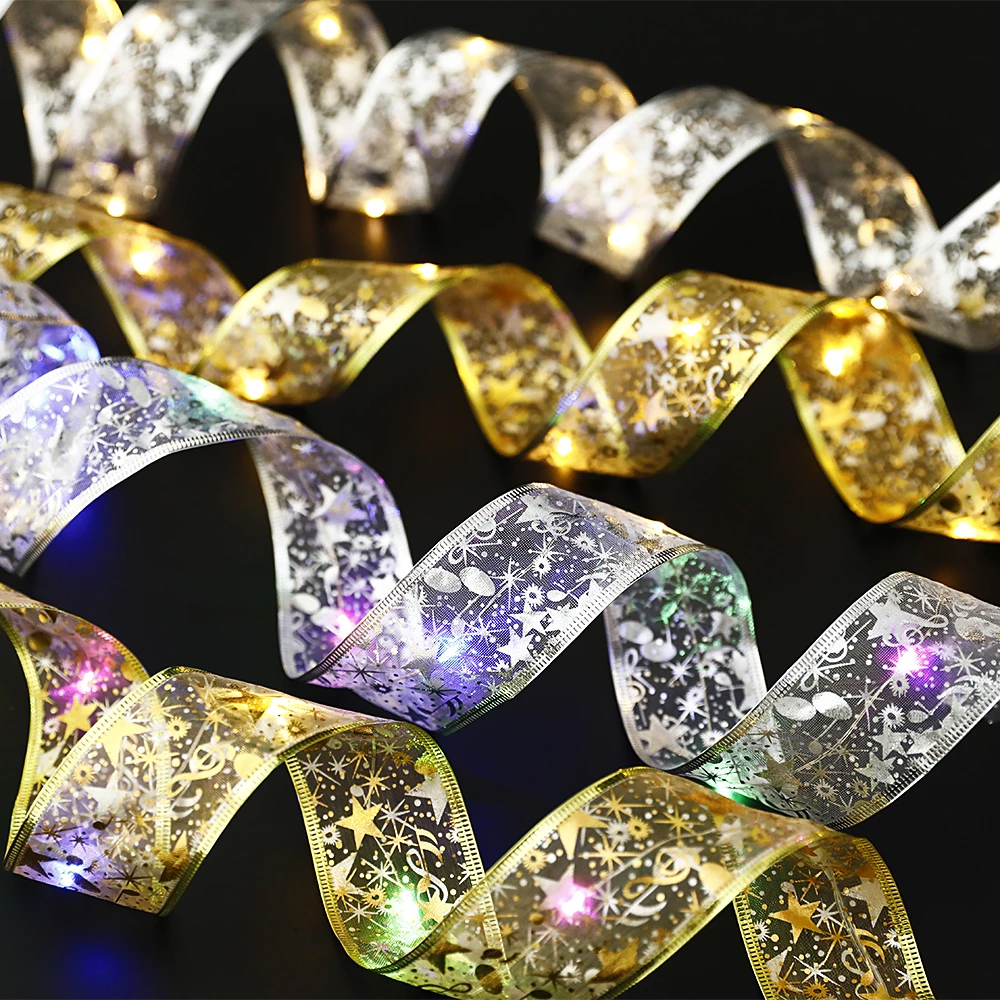 LED 2/4/5M Double Layer Fairy Lights String Christmas Ribbon Bows With LED Christmas Tree Ornament New Year Navidad Home Decor