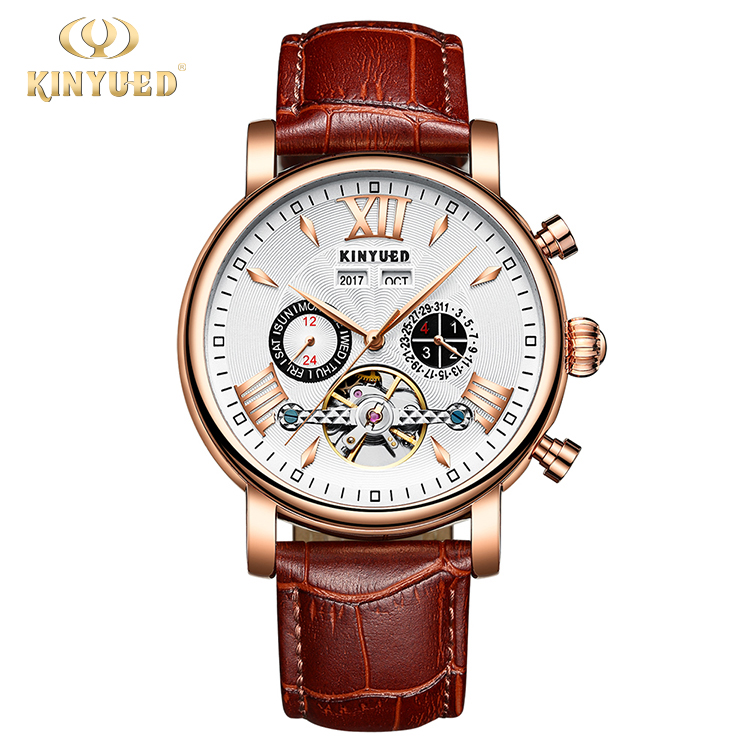 KINYUED oem waterproof custom logo leather fashion tourbillon skeleton wrist watch luxury automatic watches