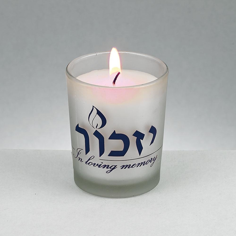 100% paraffin wax unscented memorial glass candle burns for 26 hours with printed label