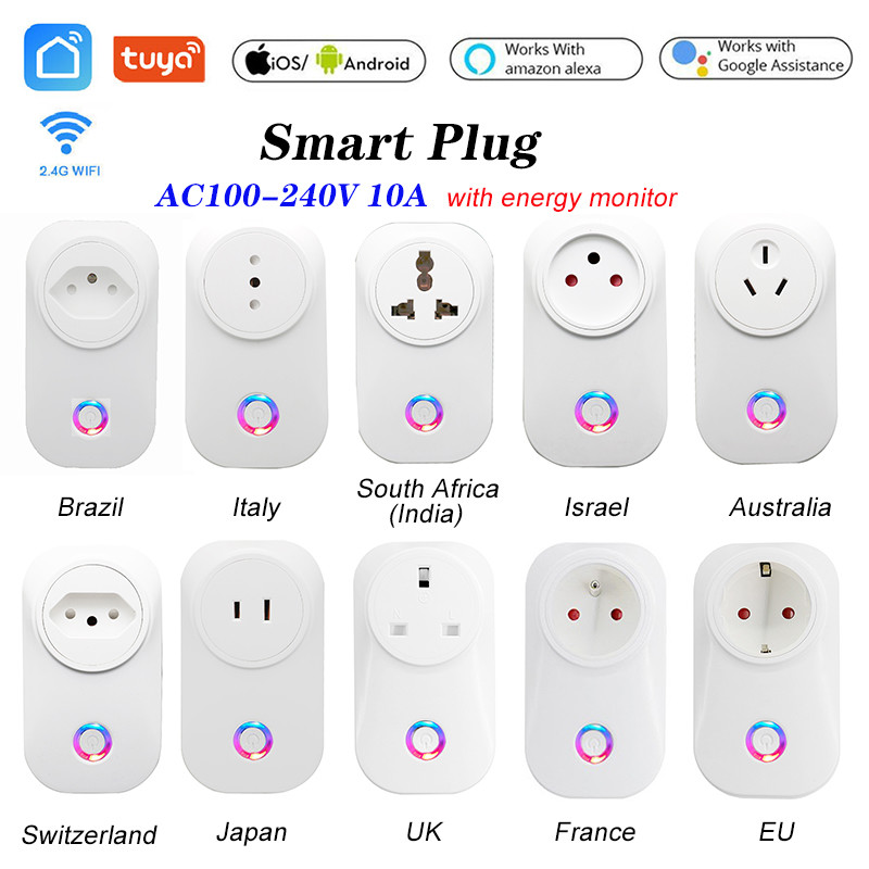 Tuya WIFI Smart Socket Smart Plug EU UK Swit AU BR FR JP Israel Ita ZA Plug 10A Remote Control Alexa Google Home Energy