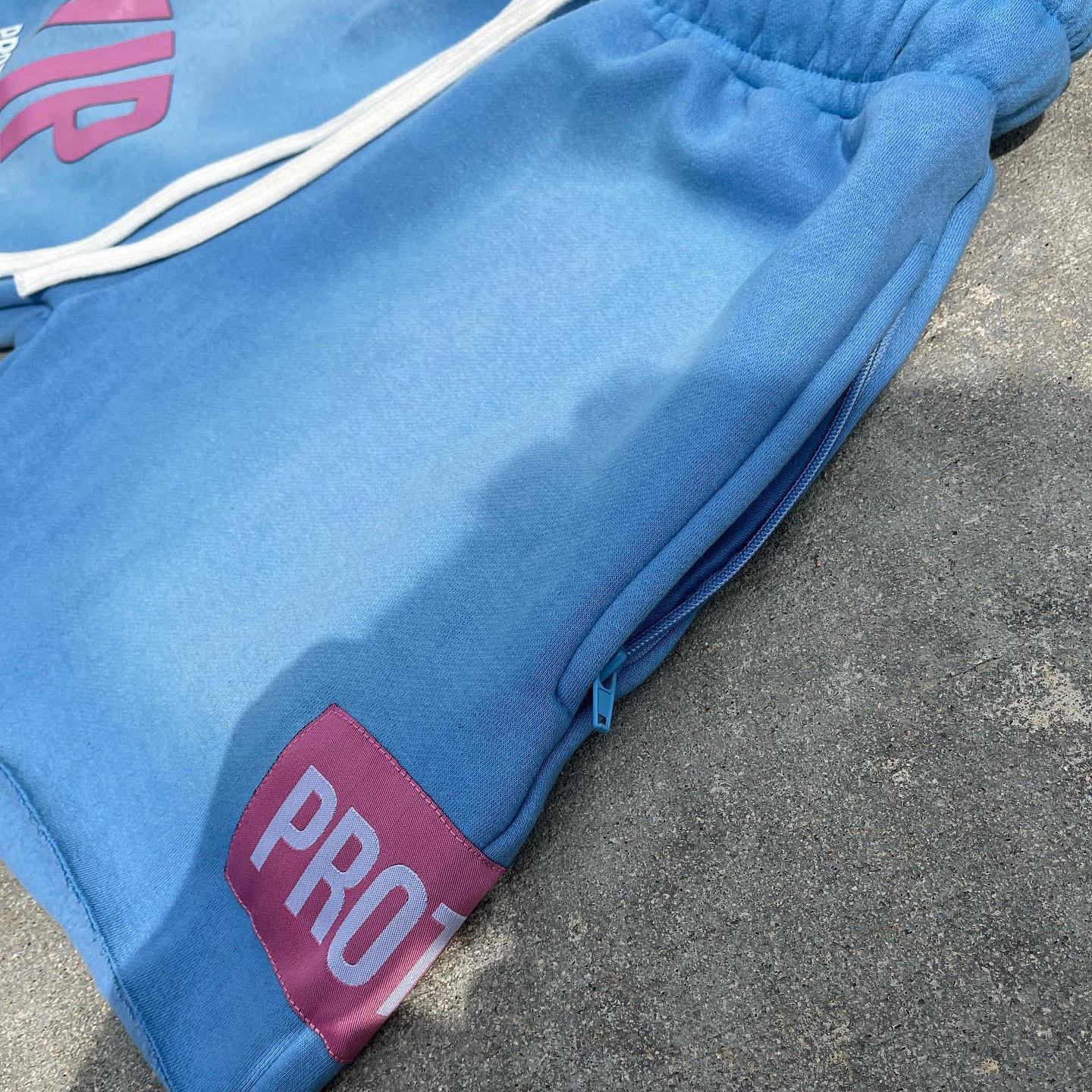 Puff Print Short Acid Washed Shorts Blue Cut Raw Hem Cotton Fleece Zipper Pockets Streetwear Sweat