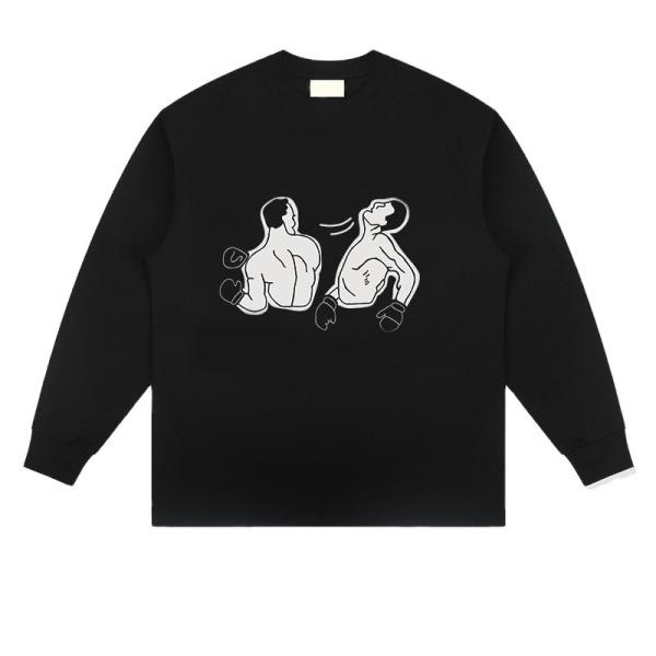 Knitted American Vintage Boxing Print Long Sleeve T-Shirt for Men Women Heavy