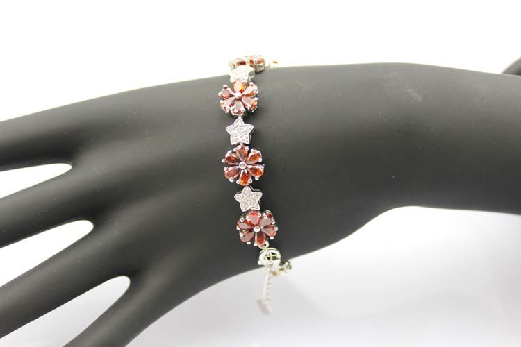 Sterling Silver Link Flower Garnet Cubic Zircon Tennis Bracelet(B01RED)