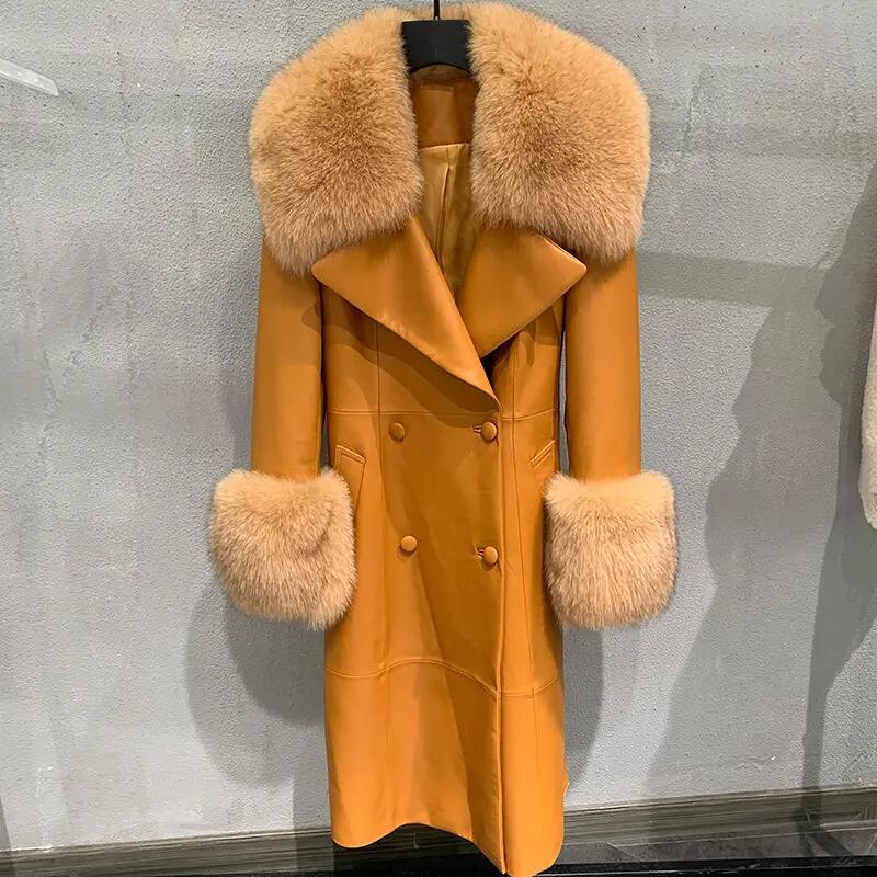 Winter Fox Fur Collar Cuffs Women Long Leather Jacket Black Genuine Sheepskin Trench Leather Fur Coats for Ladies