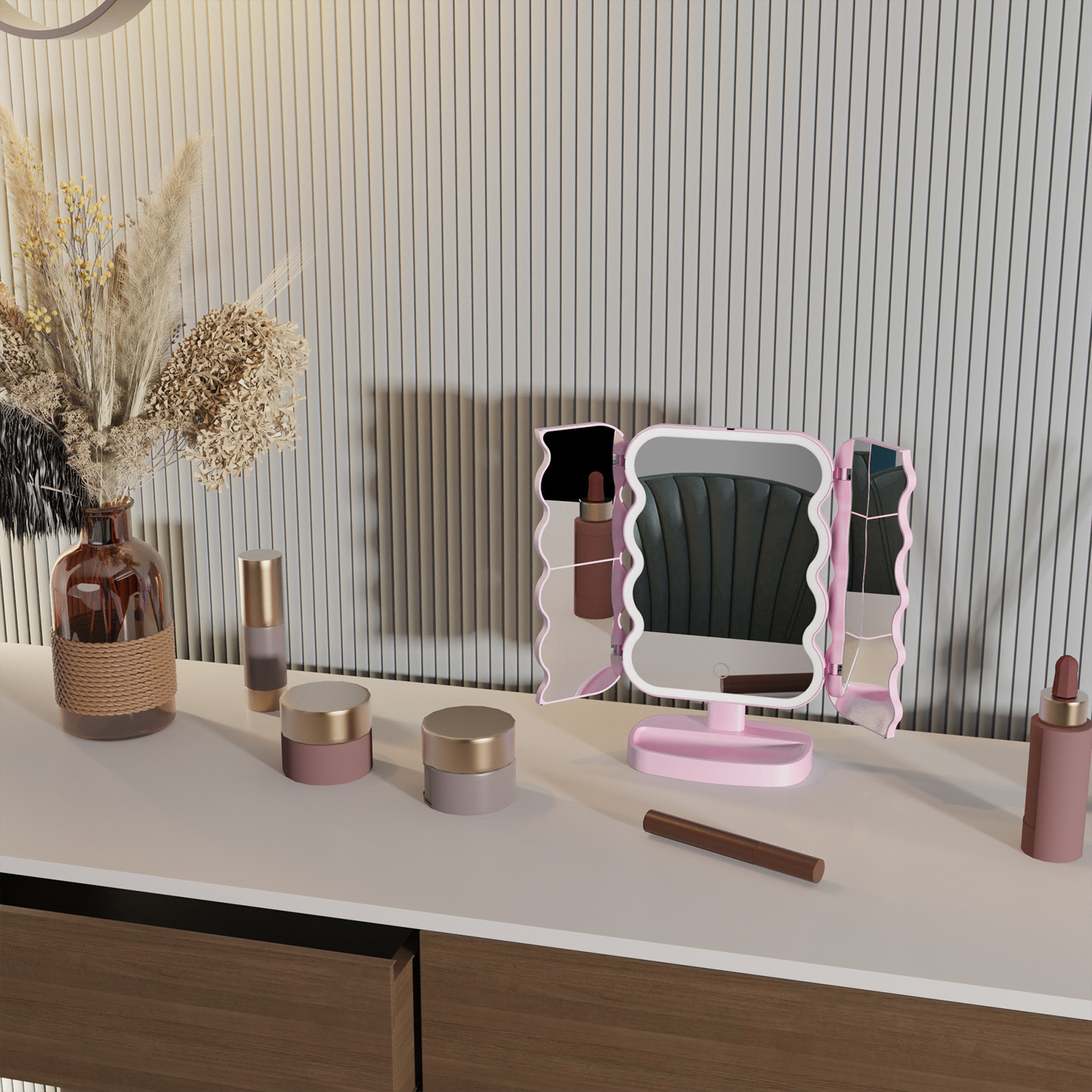 Foldable Standing Makeup Mirror With Vanity Tray