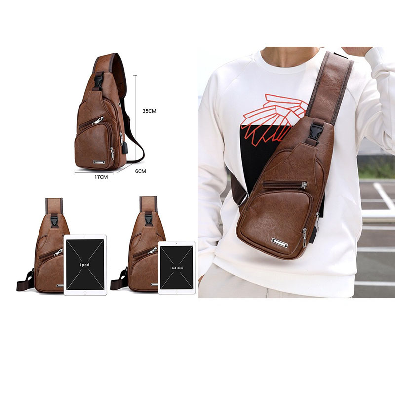 Usb Rechargeable Chest Bags PU Men's Casual Waterproof Multifunctional Chest Bag