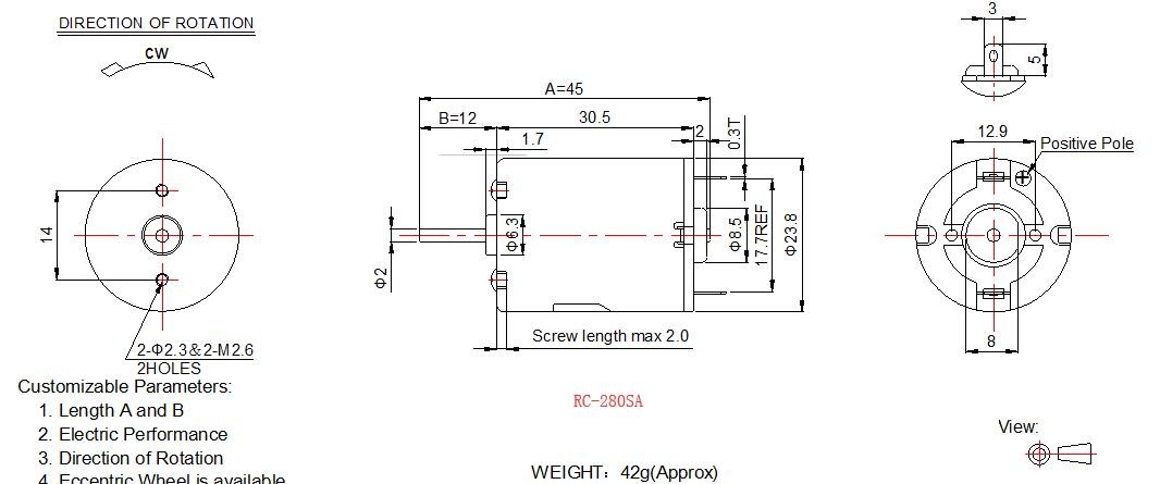 Mini Household Electric Motors Carbon Brush 3v 6v 12v 24mm Diameter RC-260