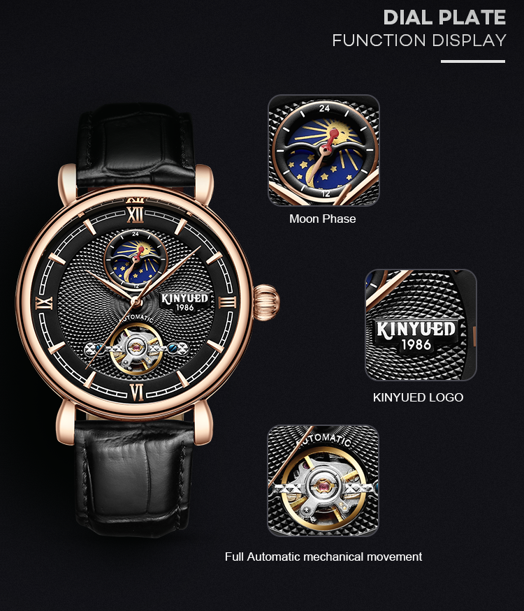 Black Genuine Leather Mechanical Watch Moon Phase Multi Functional