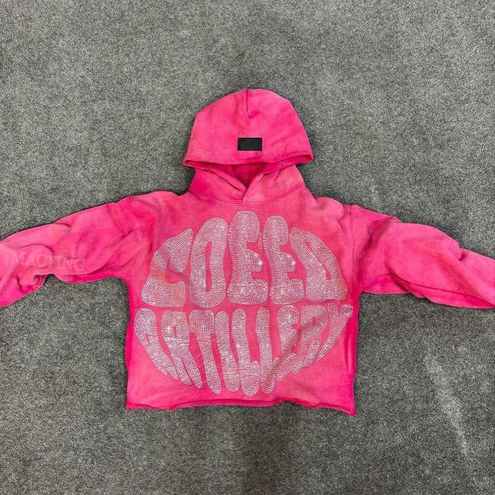 Men's Vintage Oversized Acid Washed Zip Up Raw Hem Rhinestone Cropped Hoodie Customizable