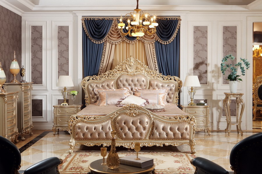 Luxury classic Bedroom furniture Villa interior design of King bed by Craft wood with Italy Leather headboard