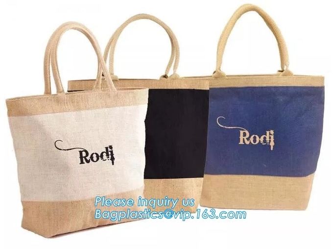 Natural Burlap Tote Shopping Bags Reusable Jute Bags with Full Gusset with Handles Laminated Interior tote shopper pack