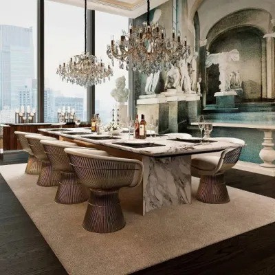 Restaurant Villa White Marble Top Dining Table 8 10 Metal Chairs Set