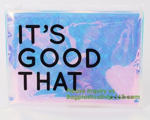 Compostable metallic glossy holographic private label bubble mailing bag, zip slider clear glitter bubble pouch bag