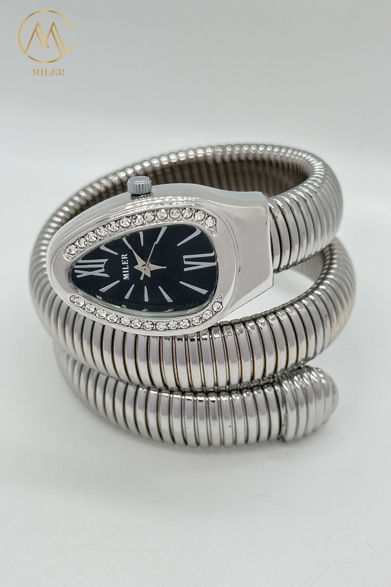 Wholesale Quartz Creative Snake-Shape Two-Ring Silver Alloy Band Full Diamond Watch for Lady