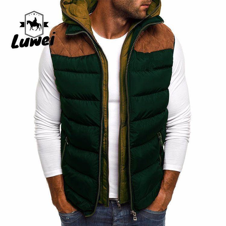 Customized Sleeveless Zip Up Winter Polyester Utility Cotton Men's Quilted Hooded Bomber Vest with Hoody
