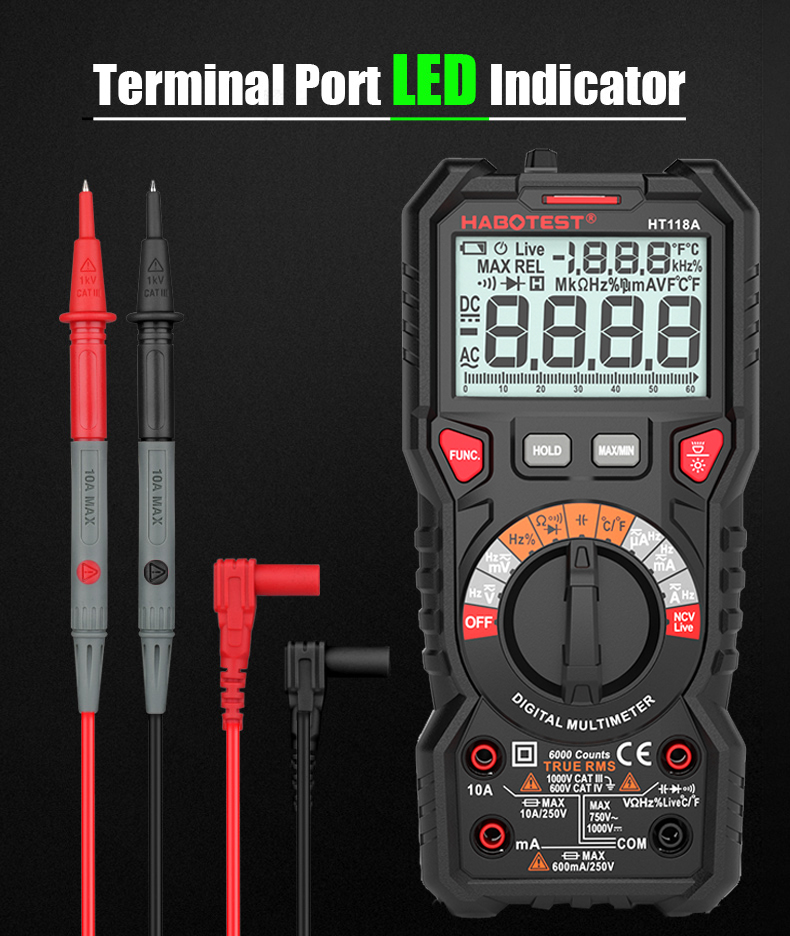 10A 6000 Counts Handheld Digital Multimeter , 750V Capacitance Test Multimeter