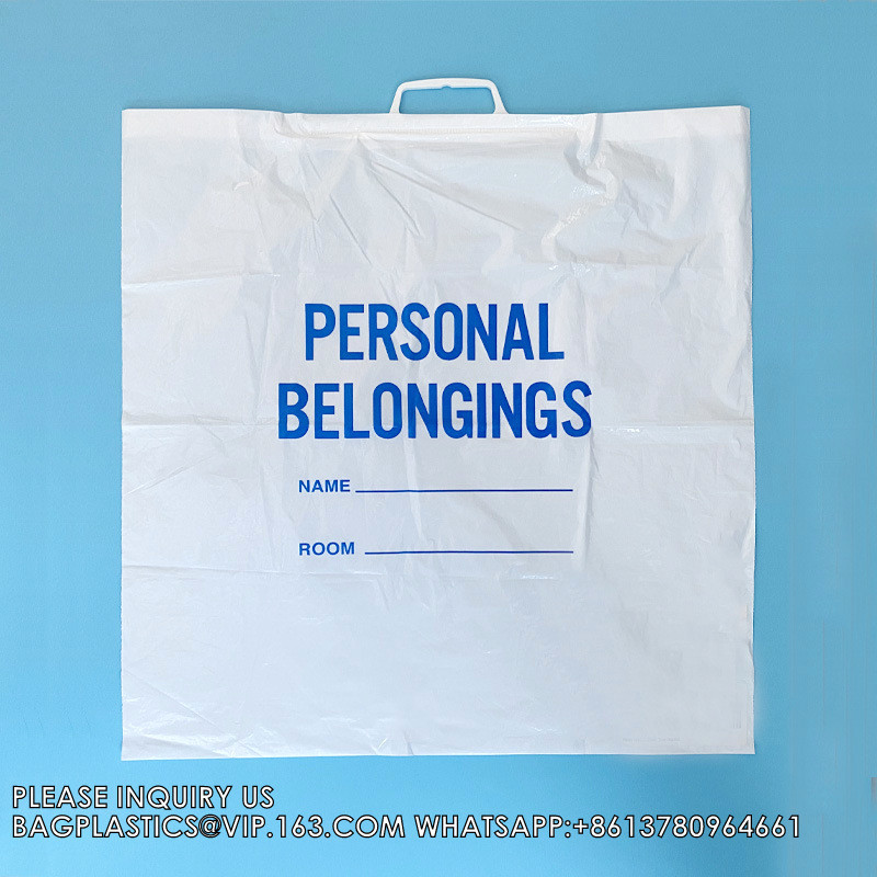 Hard handle Patient Belonging Bag, 1.4 mil Thick, 20" W x 20" Large, 4" Gusset, Clear Bag with Blue Print