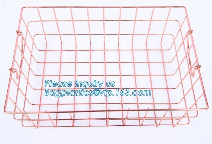 metal wire storage basket with tray in whole sale lowest MOQ sale even just buy 1 set, Kitchen storage Rose gold wire me