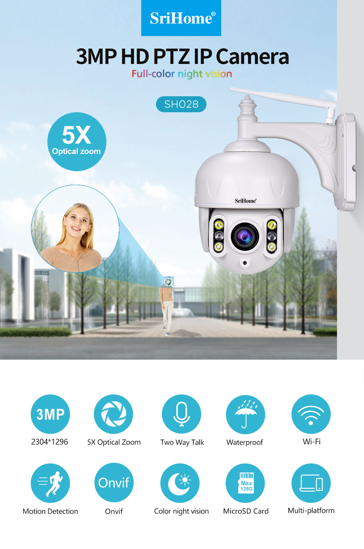 Two Way Audio Outdoor Waterproof 3MP 5X PTZ Camera CCTV Camera Security Camera System