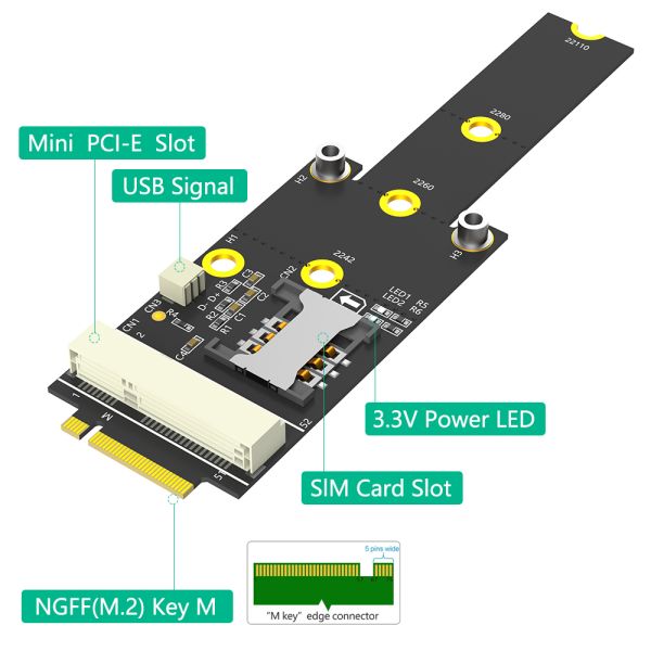 Mini PCI-E to M.2 NGFF Key M Adapter with SIM Card Slot for WiFi/WWAN/LTE Module - No Driver Required